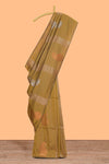 Borderless mustard striped motifs design semi soft silk saree with contrast pallu and zari motifs blouse