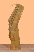 Borderless mustard striped motifs design semi soft silk saree with contrast pallu and zari motifs blouse