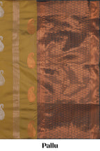 Borderless mustard striped motifs design semi soft silk saree with contrast pallu and zari motifs blouse
