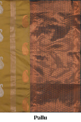 Borderless mustard striped motifs design semi soft silk saree with contrast pallu and zari motifs blouse