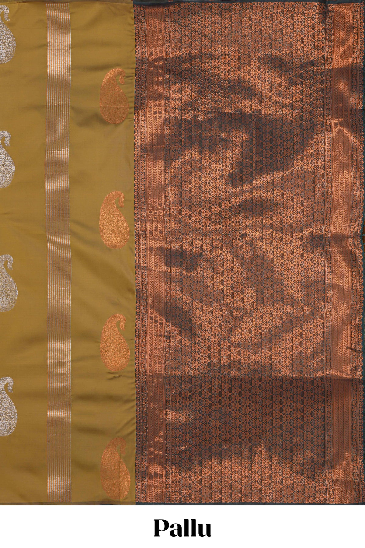 Borderless mustard striped motifs design semi soft silk saree with contrast pallu and zari motifs blouse