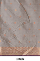 Wine purple striped motifs design semi soft silk saree with contrast border and zari motifs blouse