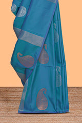 Borderless blue striped motifs design semi soft silk saree with contrast pallu and zari motifs blouse
