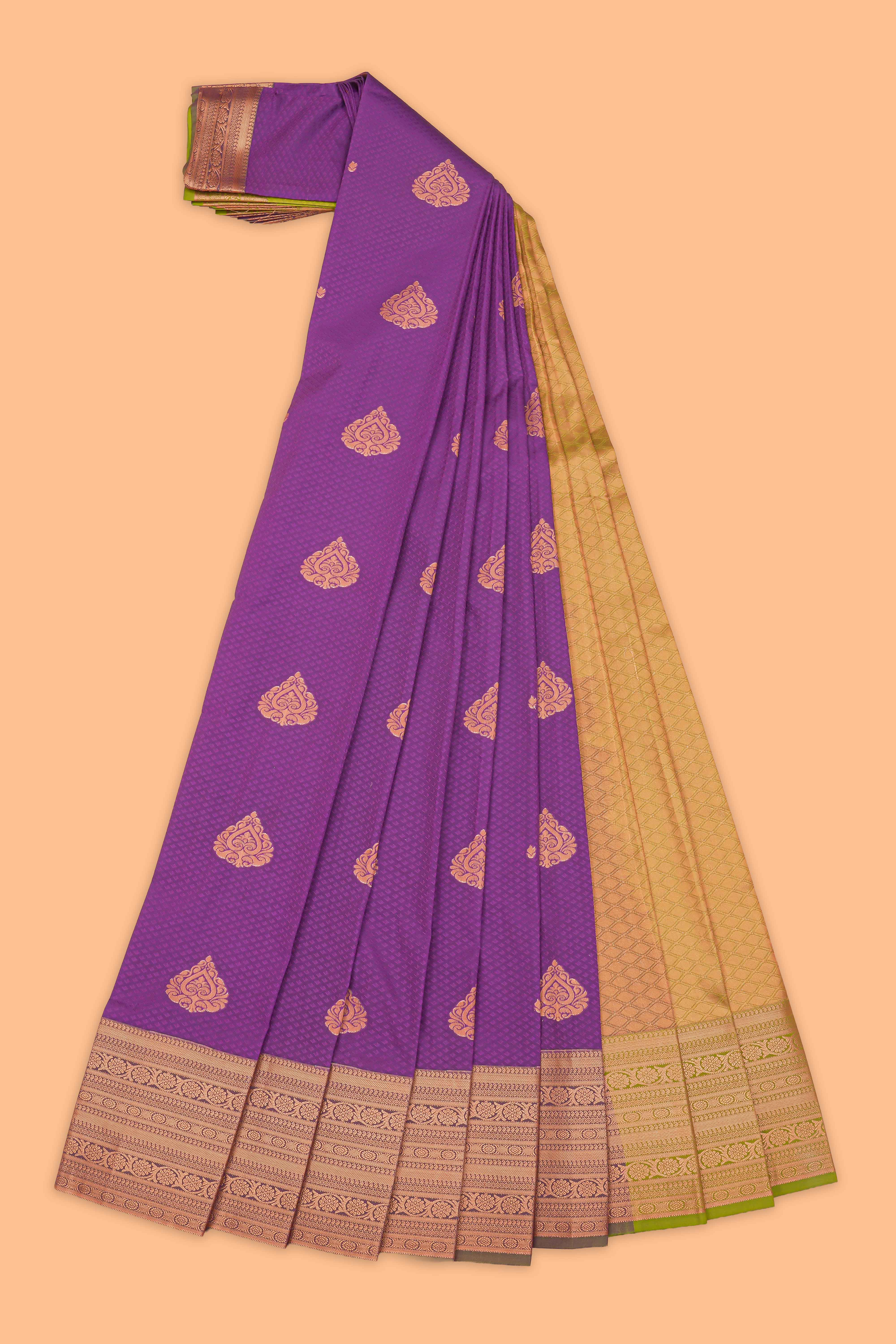 Purple floral design motifs semi soft silk saree with contrast border and blouse