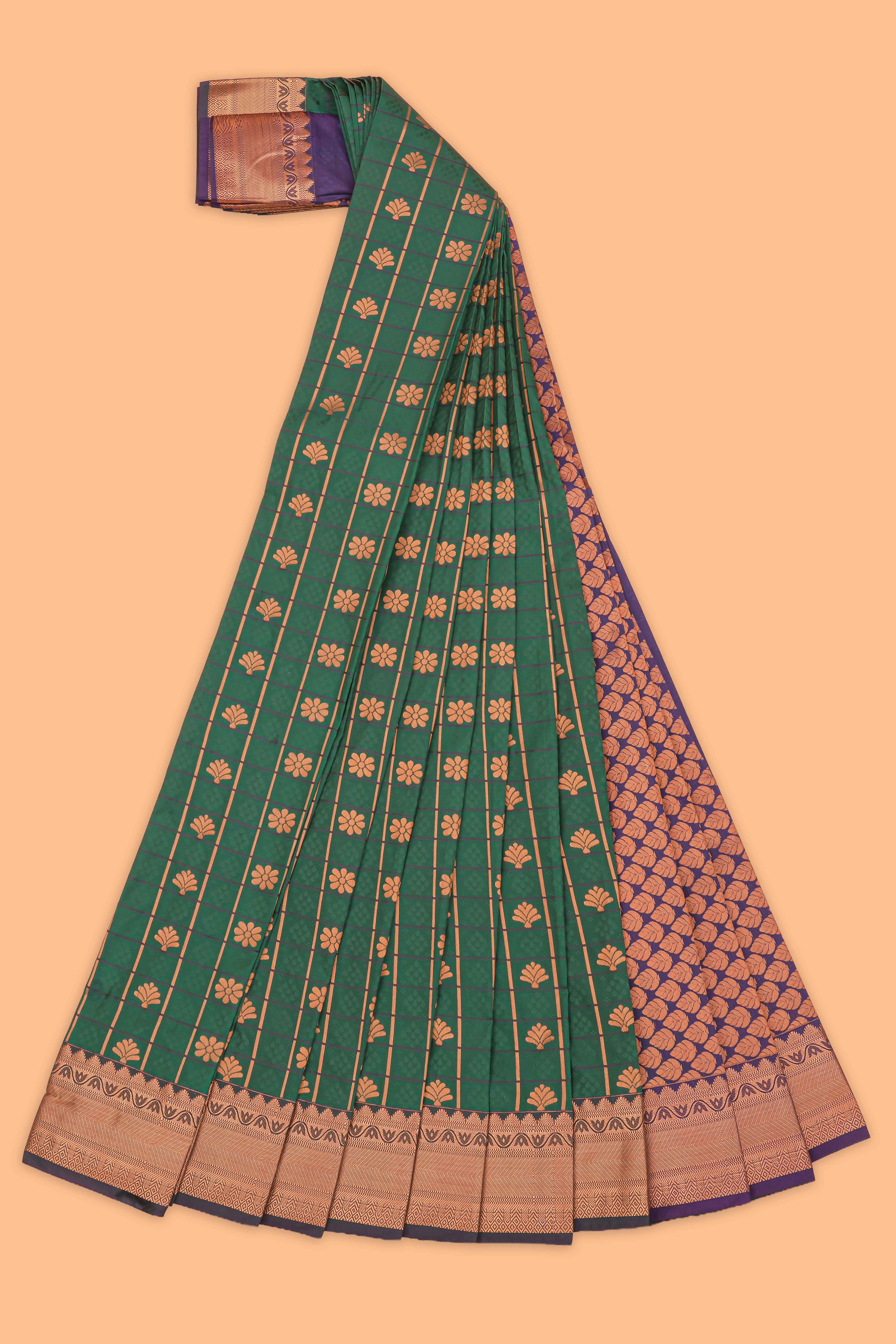 Green checked floral design motifs semi soft silk saree with contrast border and blouse