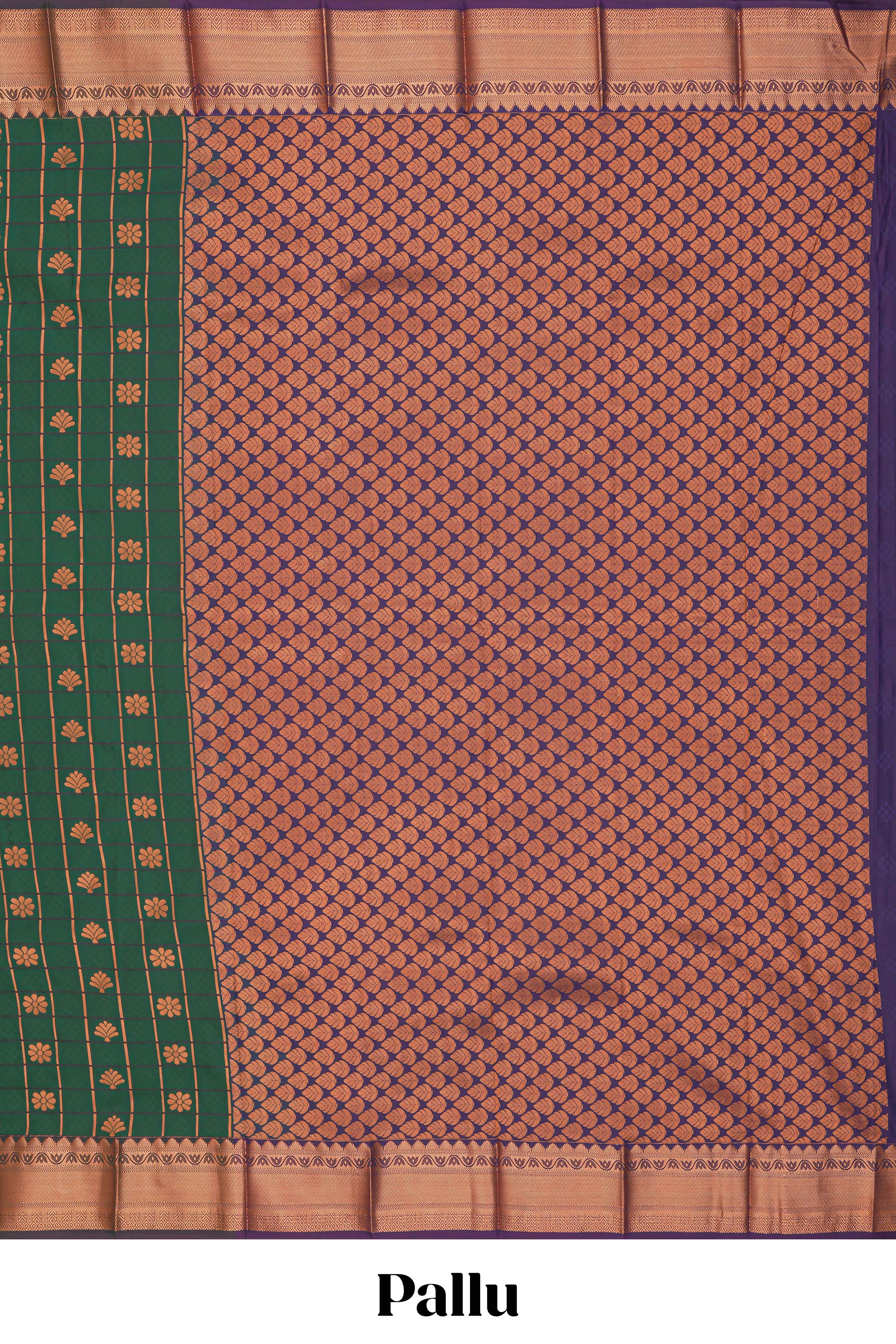Green checked floral design motifs semi soft silk saree with contrast border and blouse