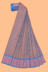 Mustard floral vine design semi soft silk saree with contrast border and blouse