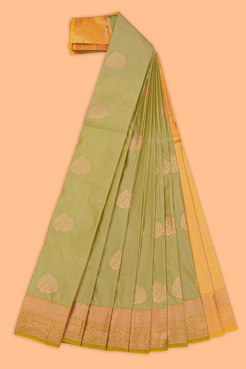 Green striped floral motifs design semi soft silk saree with contrast border and blouse