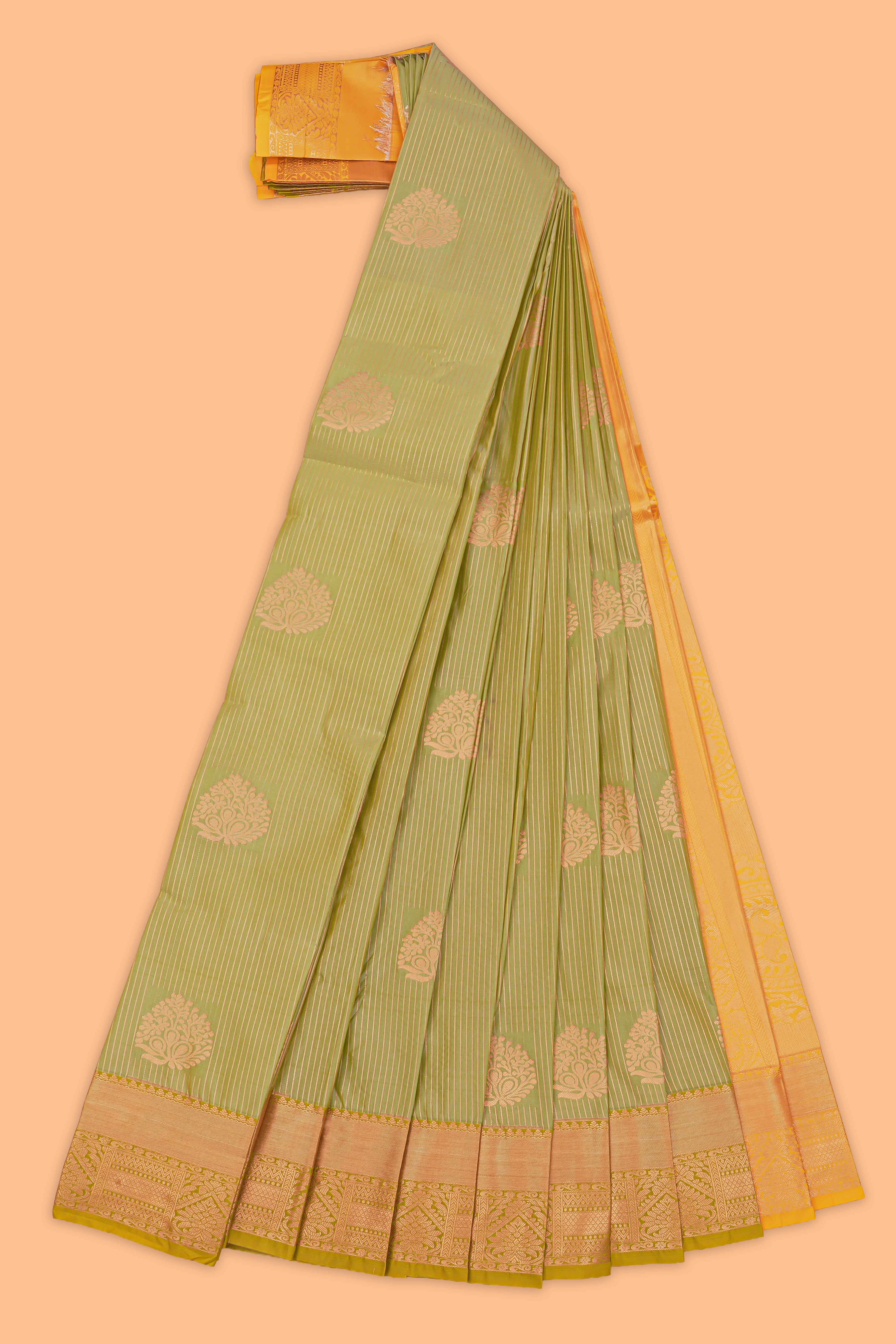 Green striped floral motifs design semi soft silk saree with contrast border and blouse