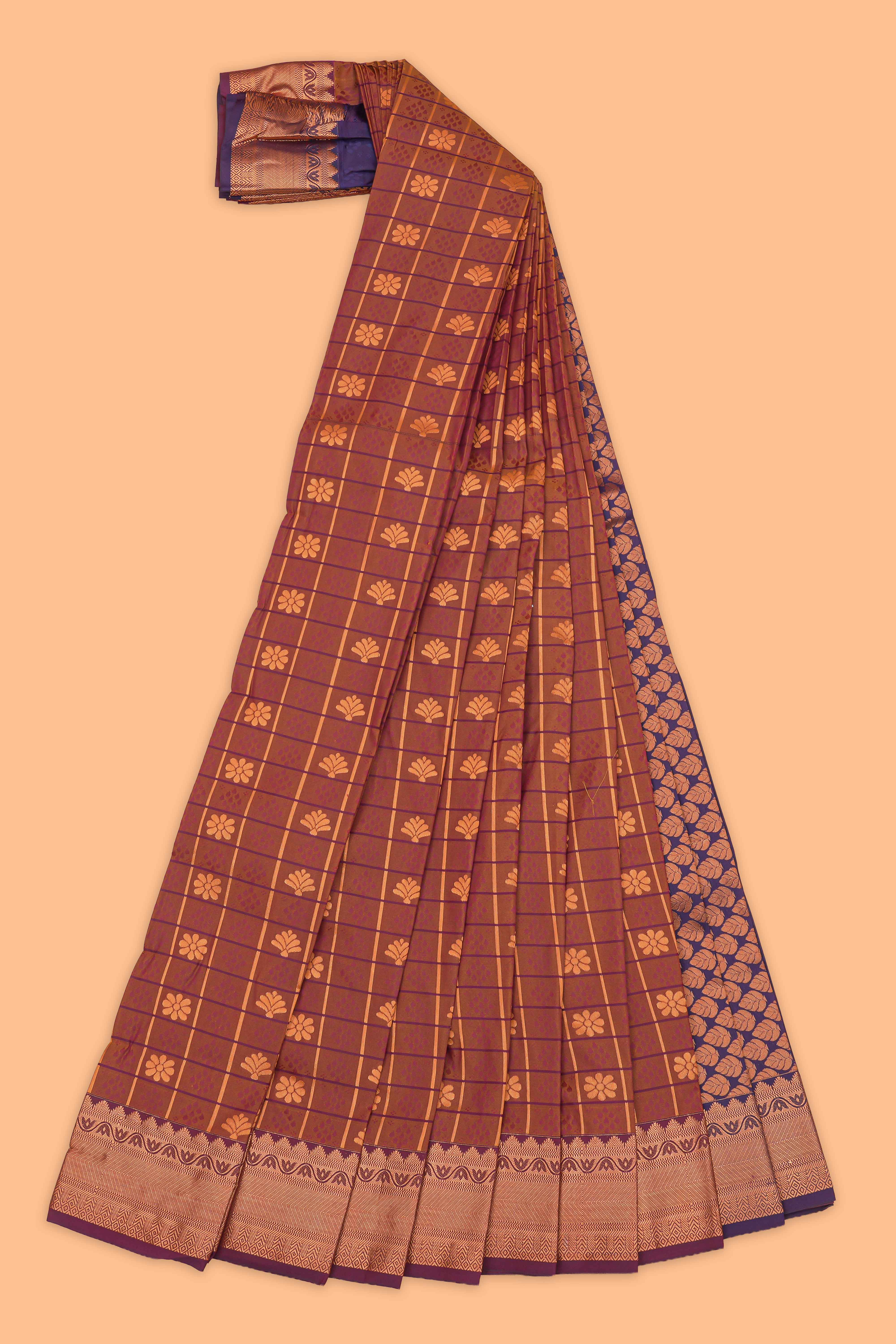 Brown checked floral design motifs semi soft silk saree with contrast border and blouse