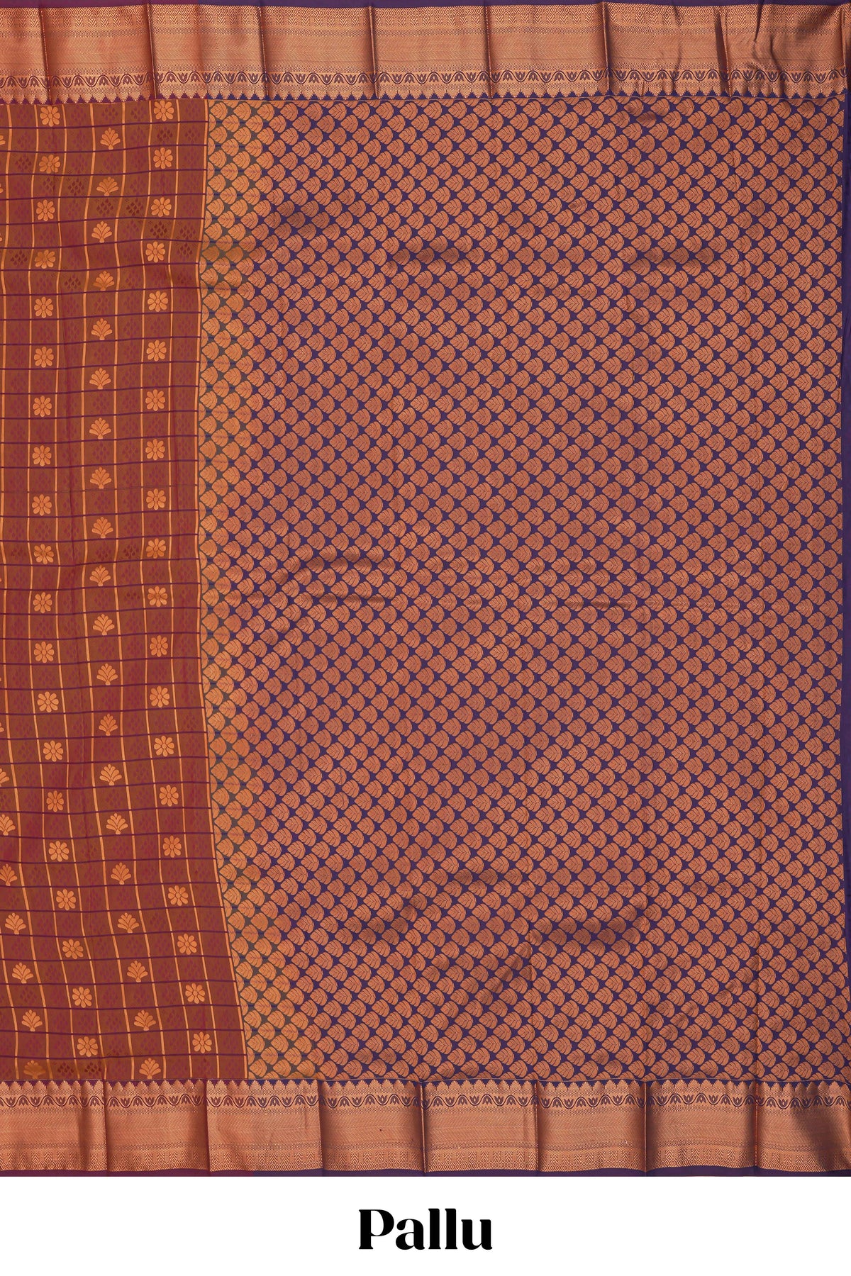 Brown checked floral design motifs semi soft silk saree with contrast border and blouse