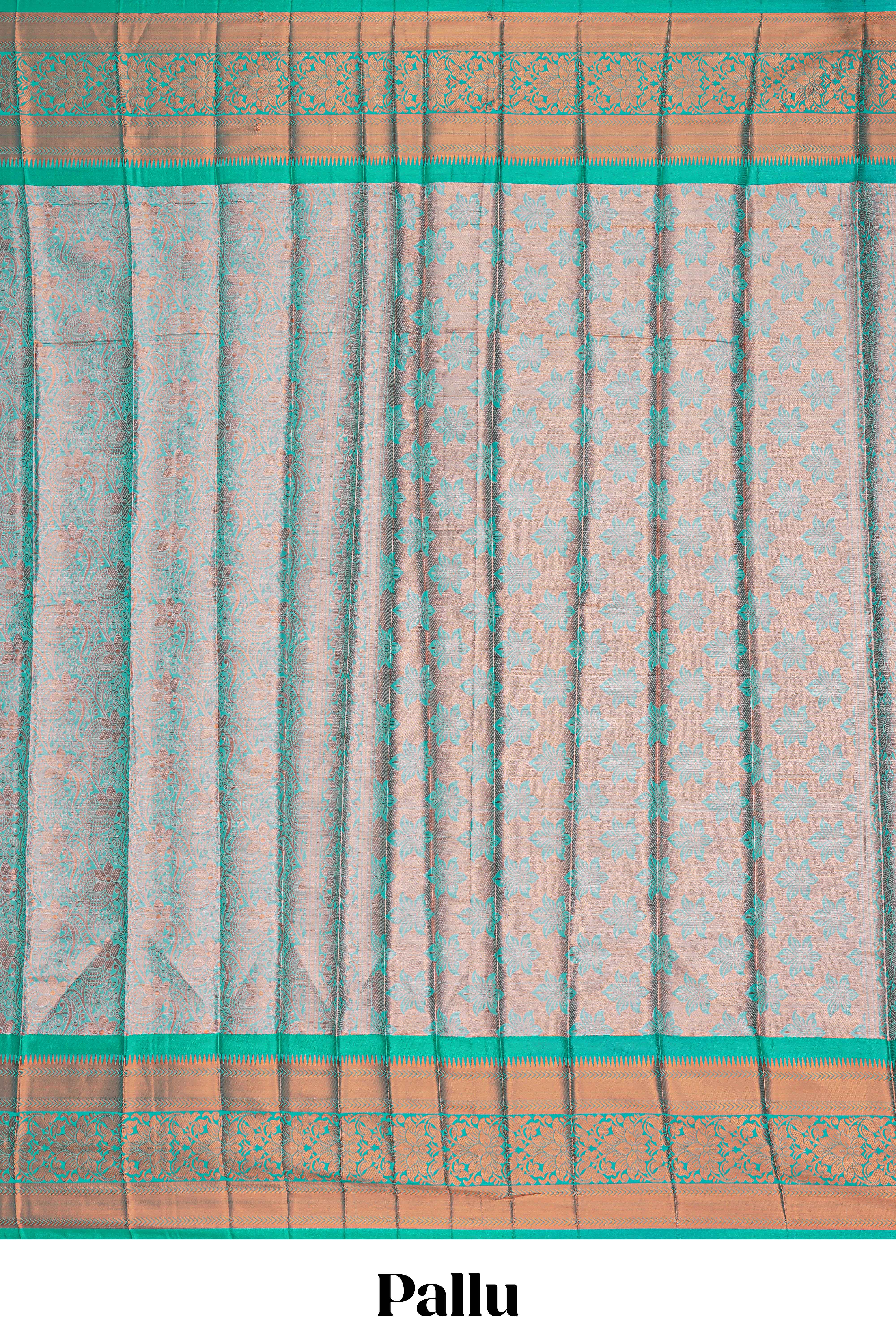 Turquoise green floral design semi soft silk saree with contrast border and blouse