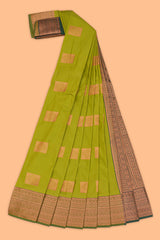 Green square zari motifs design semi soft silk saree with contrast border and blouse
