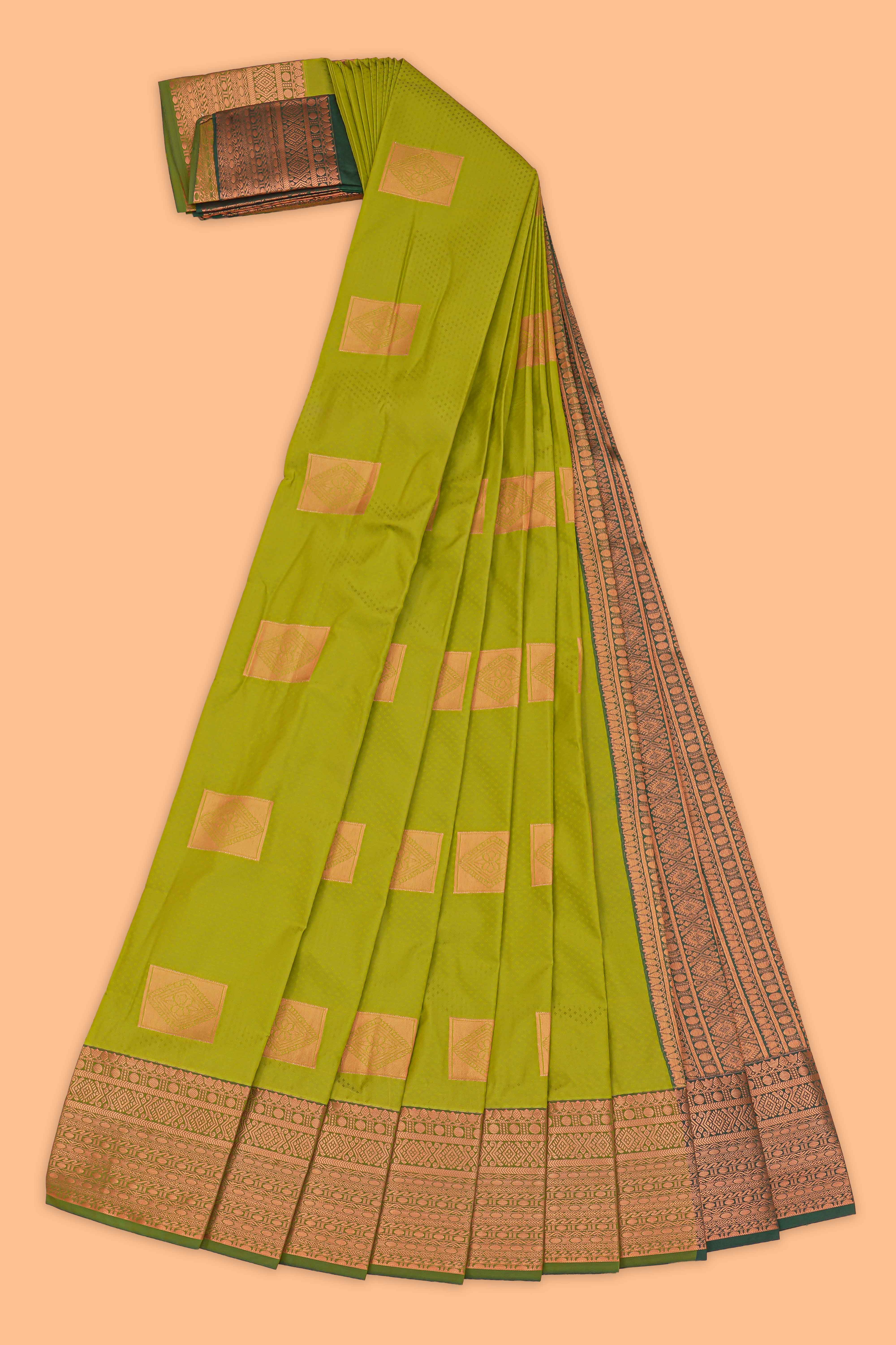 Green square zari motifs design semi soft silk saree with contrast border and blouse