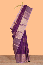 Violet floral zari motifs design semi soft silk saree with contrast zari border and blouse