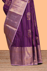 Violet floral zari motifs design semi soft silk saree with contrast zari border and blouse