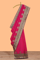 Rani pink peacock design zari motifs semi soft silk saree with contrast zari border and blouse