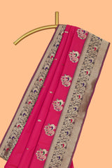 Rani pink peacock design zari motifs semi soft silk saree with contrast zari border and blouse