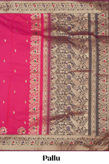 Rani pink peacock design zari motifs semi soft silk saree with contrast zari border and blouse