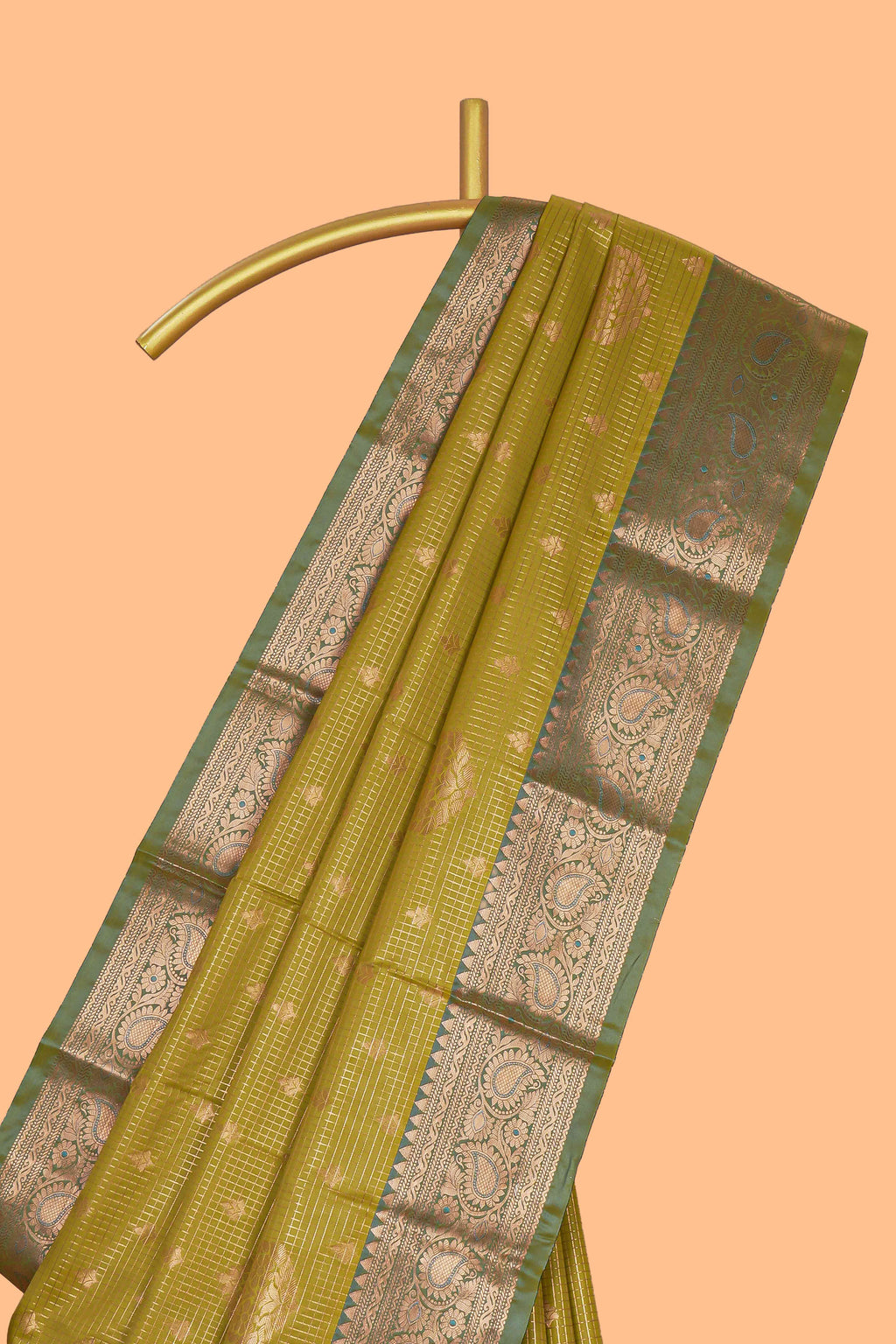 Green checked zari motifs design semi soft silk saree with contrast zari border and blouse
