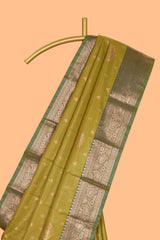 Green checked zari motifs design semi soft silk saree with contrast zari border and blouse