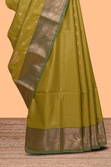 Green checked zari motifs design semi soft silk saree with contrast zari border and blouse