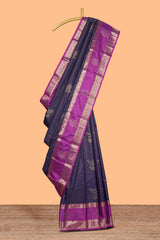 Dark violet floral zari motifs design semi soft silk saree with contrast zari border and blouse