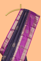 Dark violet floral zari motifs design semi soft silk saree with contrast zari border and blouse