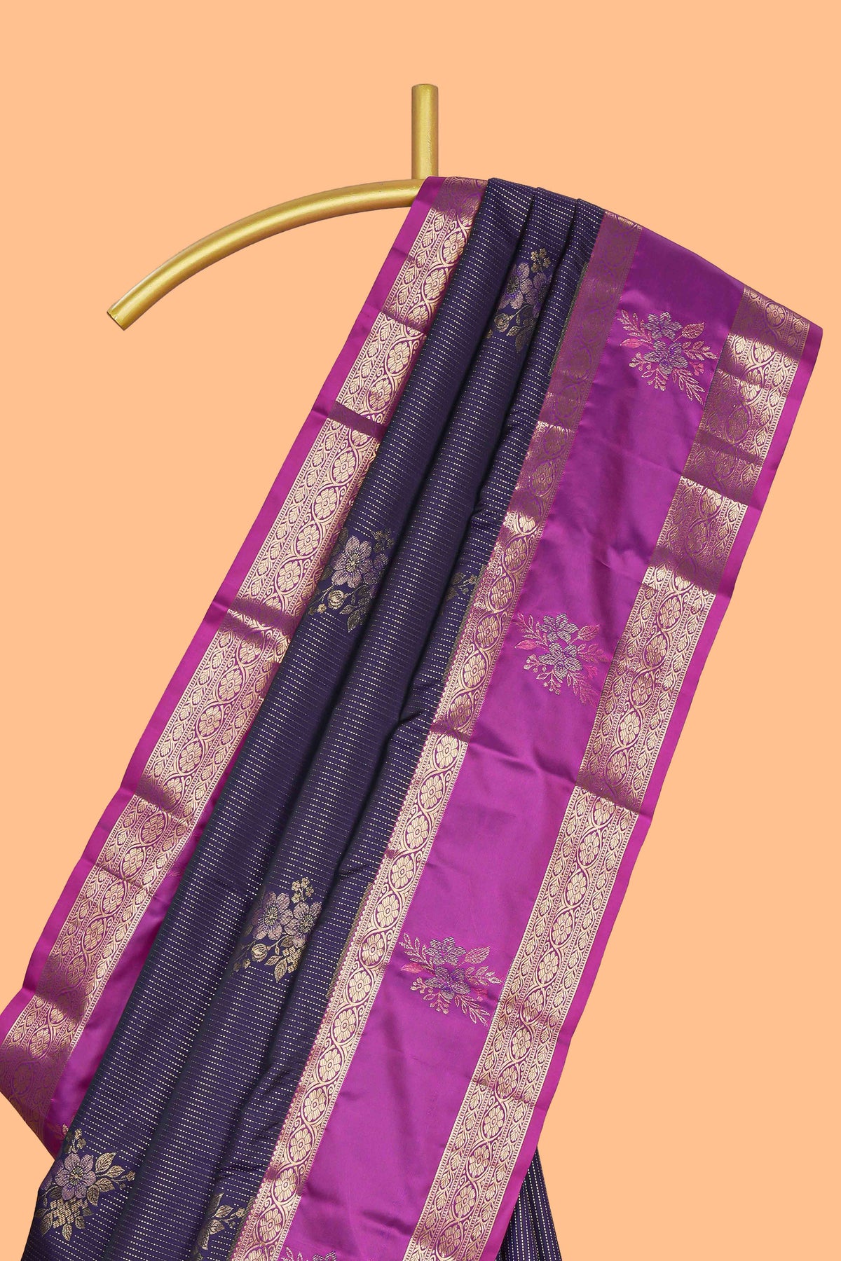 Dark violet floral zari motifs design semi soft silk saree with contrast zari border and blouse
