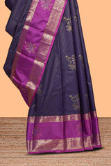 Dark violet floral zari motifs design semi soft silk saree with contrast zari border and blouse