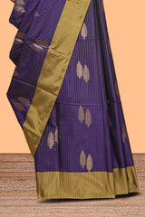 Violet striped leaf zari motifs design semi soft silk saree with contrast zari border and blouse