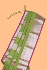 Green zari motifs design semi soft silk saree with contrast zari border and blouse