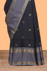 Black floral zari motifs design semi soft silk saree with contrast border and zari blouse