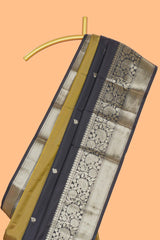 Black & mustard dual shade zari motifs design semi soft silk saree with self border and matching motifs blouse