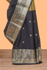 Black & mustard dual shade zari motifs design semi soft silk saree with self border and matching motifs blouse