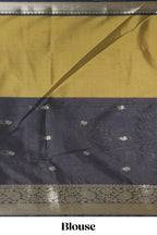 Black & mustard dual shade zari motifs design semi soft silk saree with self border and matching motifs blouse