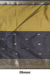 Black & mustard dual shade zari motifs design semi soft silk saree with self border and matching motifs blouse