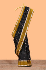 Black checked floral zari motifs design semi soft silk saree with contrast border and blouse