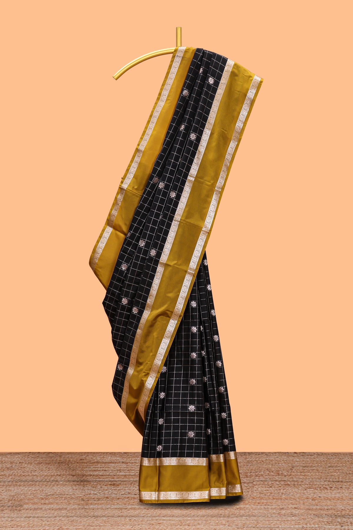 Black checked floral zari motifs design semi soft silk saree with contrast border and blouse