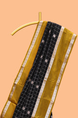 Black checked floral zari motifs design semi soft silk saree with contrast border and blouse