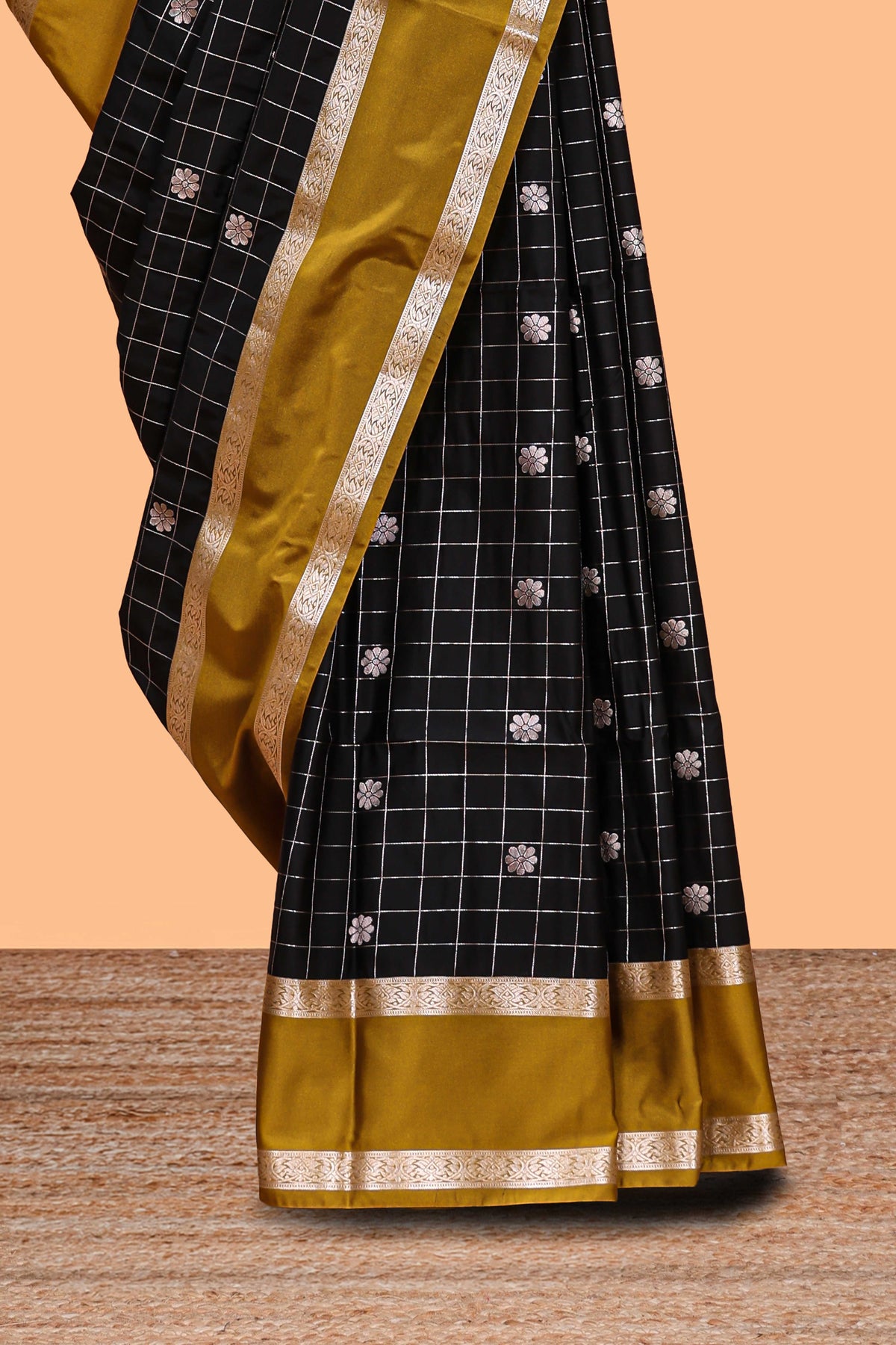Black checked floral zari motifs design semi soft silk saree with contrast border and blouse