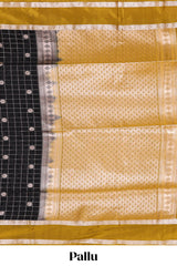 Black checked floral zari motifs design semi soft silk saree with contrast border and blouse