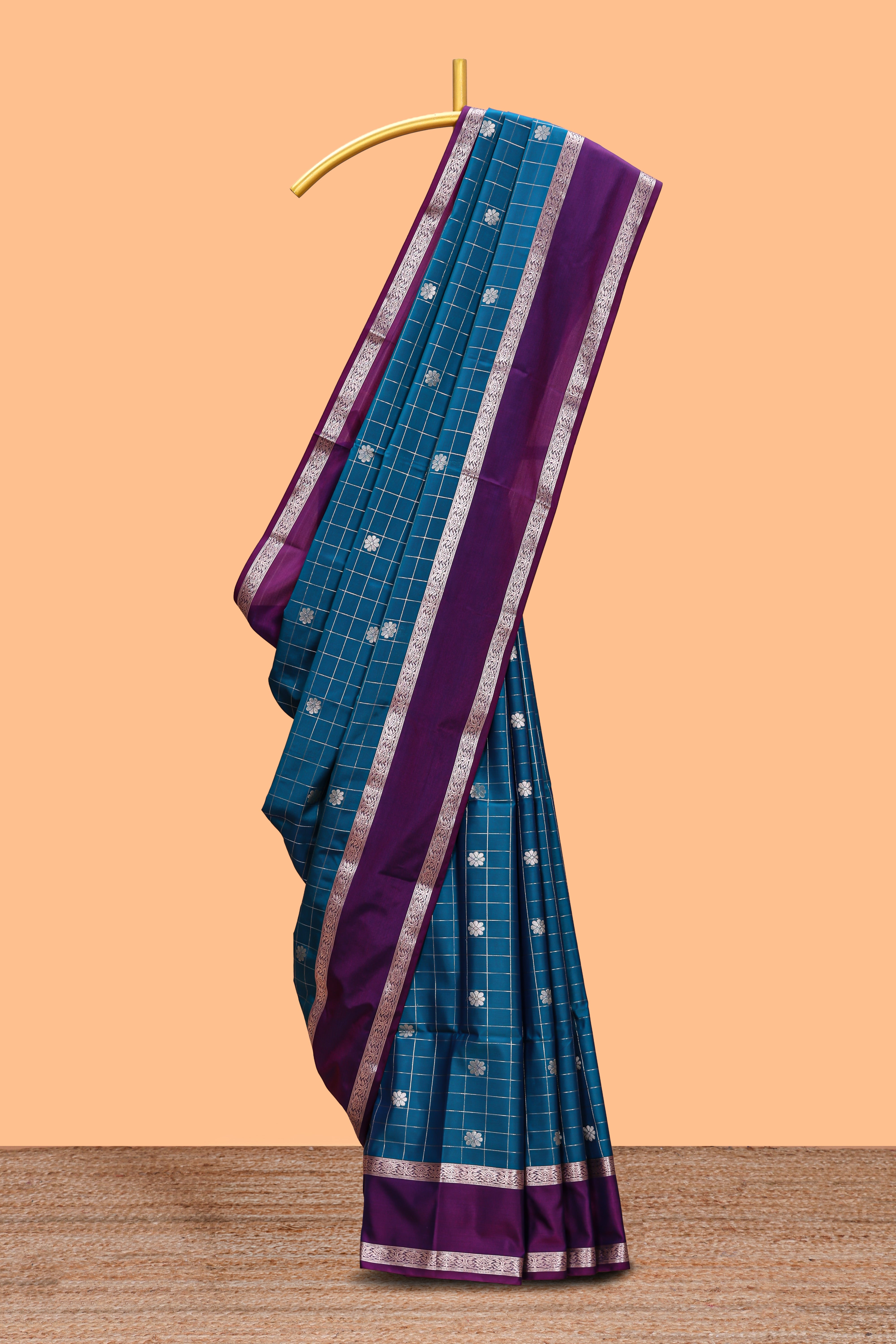 Midnight blue checked floral zari motifs design semi soft silk saree with contrast border and blouse