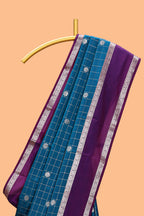 Midnight blue checked floral zari motifs design semi soft silk saree with contrast border and blouse