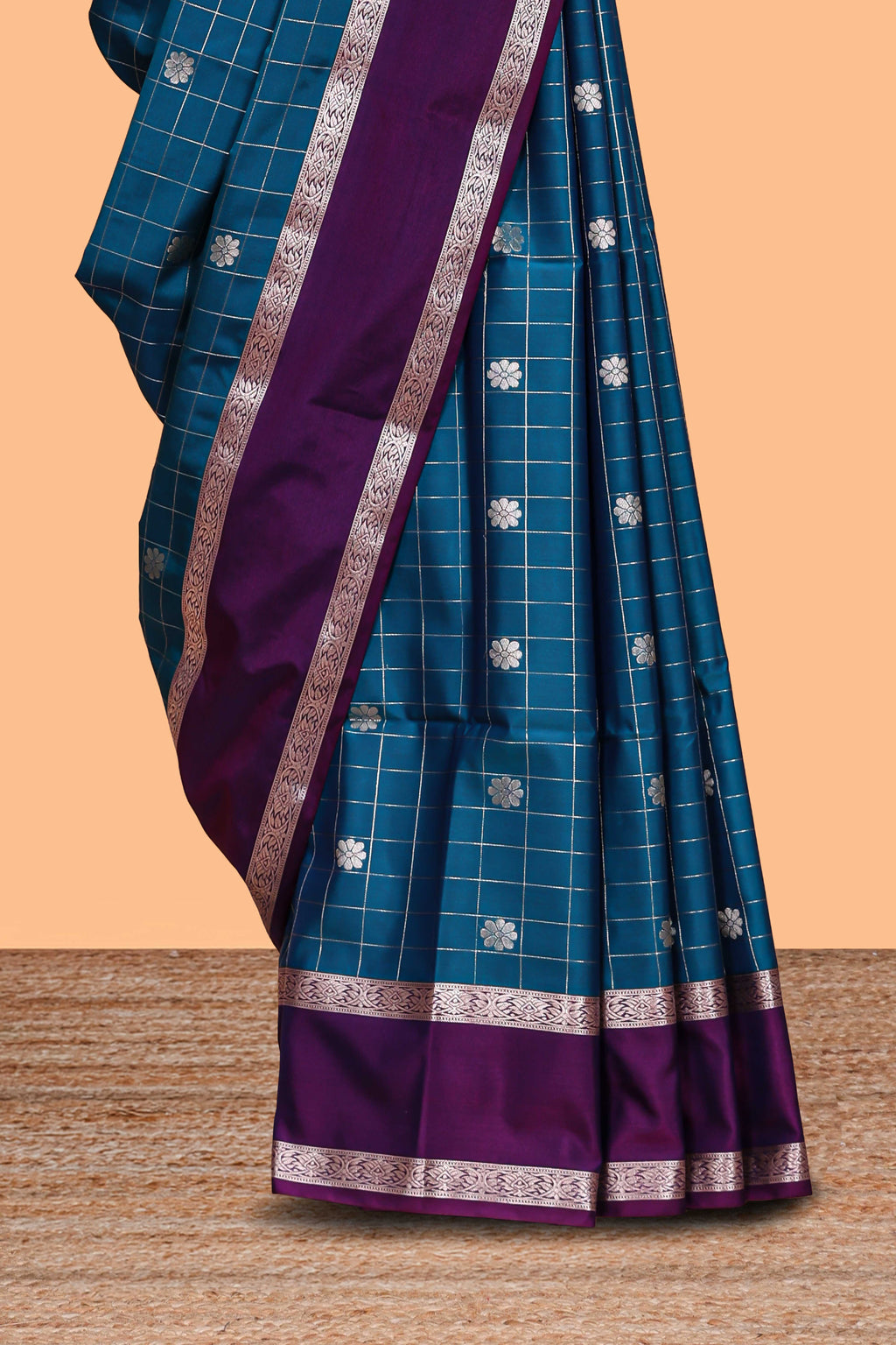 Midnight blue checked floral zari motifs design semi soft silk saree with contrast border and blouse