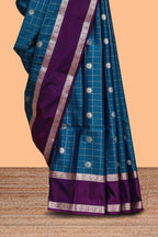 Midnight blue checked floral zari motifs design semi soft silk saree with contrast border and blouse