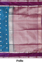 Midnight blue checked floral zari motifs design semi soft silk saree with contrast border and blouse