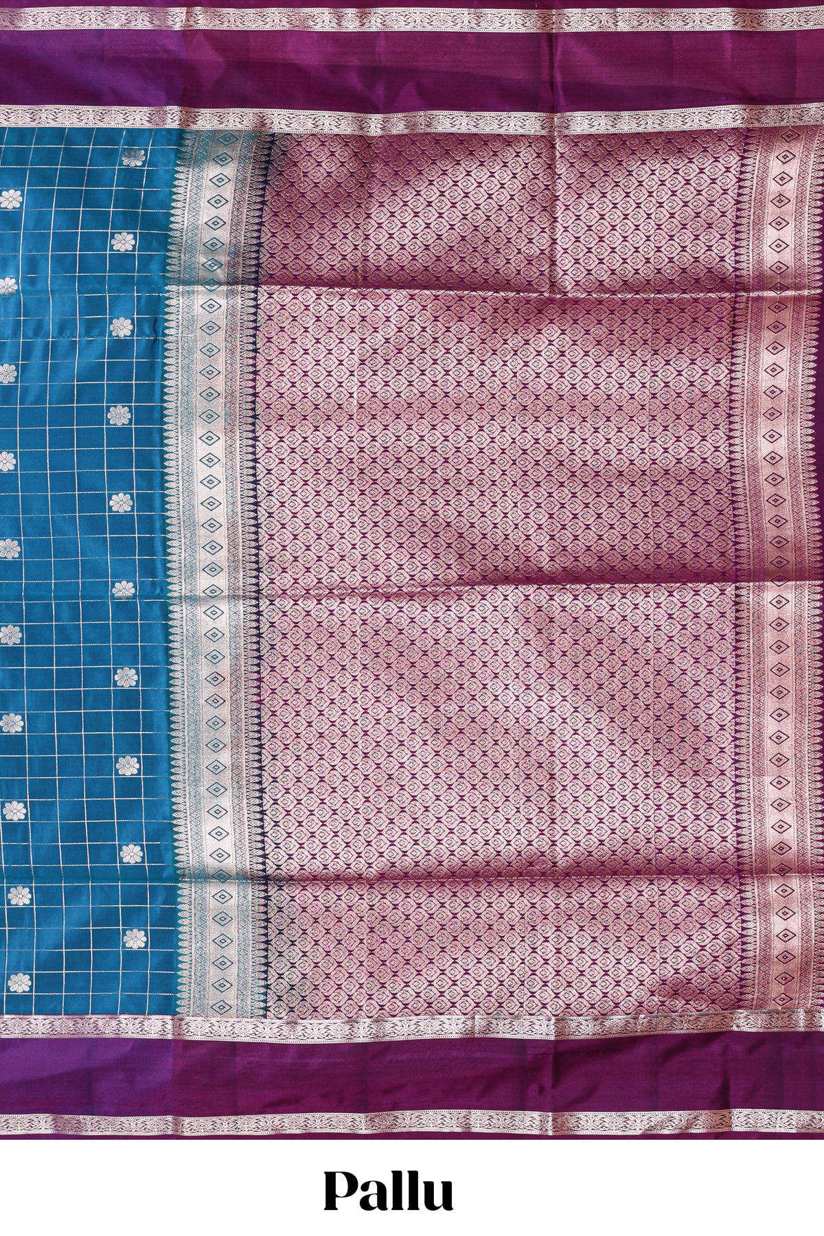 Midnight blue checked floral zari motifs design semi soft silk saree with contrast border and blouse