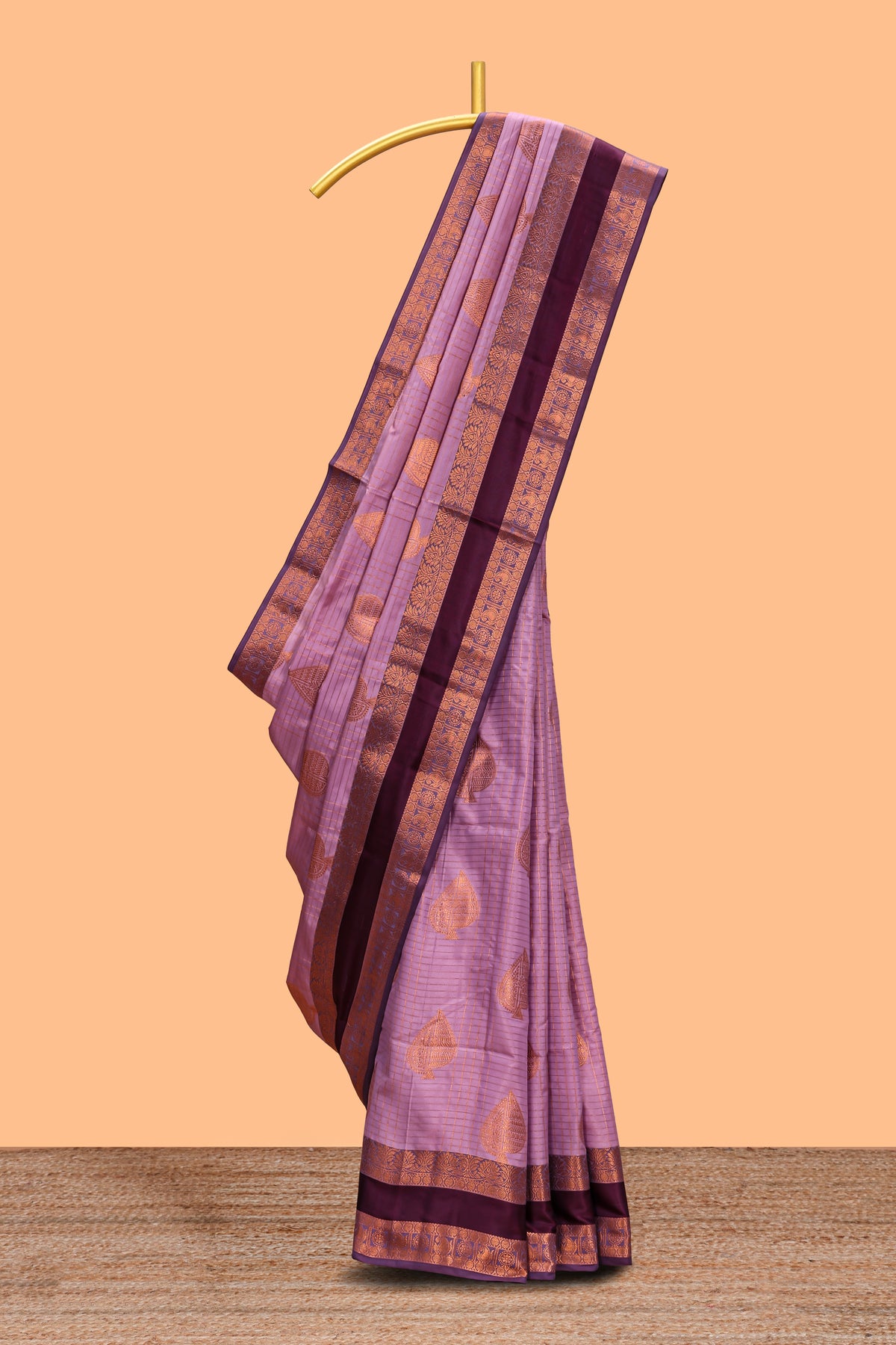 Lavender checked zari motifs design semi soft silk saree with contrast border and zari blouse