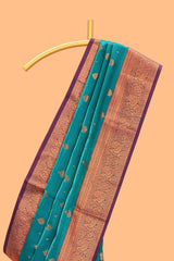 Green floral zari motifs design semi soft silk saree with contrast zari border and blouse